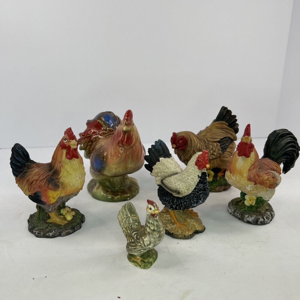 Chicken Figurine Lot 6pc Ceramic Resin Country Farmhouse Decor Chickens